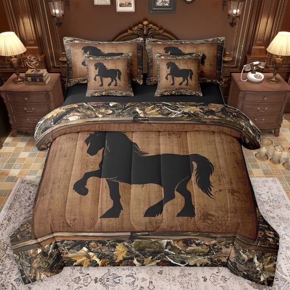 Homewish Farm Animal Horse 7pcs Bedding Comforter Set,Country Farmhouse Lodge Queen Bedding Sets,Brown Black Queen Sheet Sets For Boys Kids,Microfiber Bedroom Decor Reversible