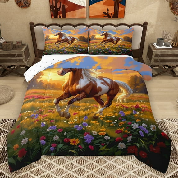 Homewish Farm Animal Horse Bedding Comforter Set,Colorful Daisy Flower Twin Comforter Sets,Rustic Farmhouse Cabin Bedding Set For Boys Kids,Luxury Bedroom Decor Reversible,2 Pieces