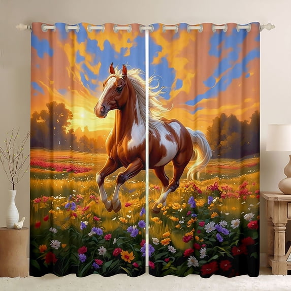 Homewish Farm Animal Horse Black Out Curtains,Colorful Daisy Flower Curtains Pack of 2 (42x63 Each),Rustic Farmhouse Cabin Bedroom Curtains For Boys Kids,Luxury Bedroom Decor