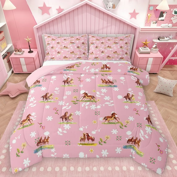 Homewish Farm Animal Horse Full Size Comforter Sets,Cartoon Flower Floral Bedding Comforter Set,Western Cowgirl Bedding Sets For Girls Kids,Microfiber Bedroom Decor Reversible,3 Pieces