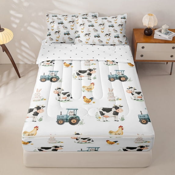 Homewish Farm Cow Animal Kids Zipper Full Size Comforter Sets with Fitted Sheet and 2 Pillowcases, Cartoon Truck Zipper Bedding Set, Reversible, 4 Pieces