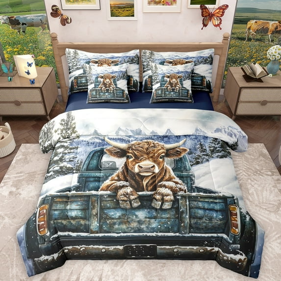 Homewish Farm Highland Cow 7-Piece Twin Bedding Sets,Farmhouse Highland Cattle Bedding Comforter Set,Blue Brown White Sheet Sets For Girl Boys,Ultra Soft Home Decor Reversible