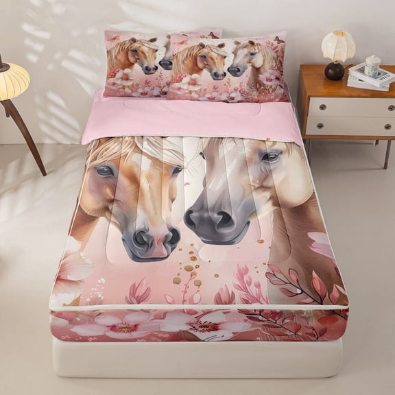 Homewish Farm Horse Zipper Full Size Comforter Sets with Fitted Sheet and 2 Pillowcases, Pink Flower Butterfly Zipper Bedding Set for Girls, Pink Reversible, 4 Pieces