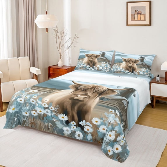 Homewish Farmhouse Animal Highland Cow Twin Sheet Sets 3pcs for Boys Girls,Chic Floral Daisy Twin Fitted Sheet Microfiber,Vintage Cottage Cabin Windmill Breathable Flat Sheet