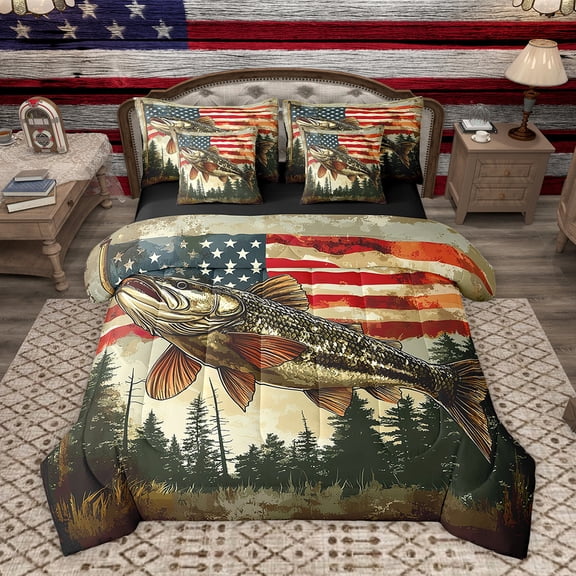 Homewish Farmhouse Base Fish Bedding Comforter Set 7pcs, Vintage American Flag Queen Bedding Sets, Western Old Fashion Reversible Queen Sheet Sets, Breathable Home Decor