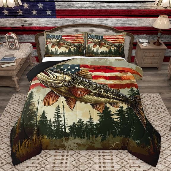 Homewish Farmhouse Base Fish Queen Comforter Set, Vintage American Flag Bedding Sets, Western Old Fashion Reversible Bedding Comforter Set, Breathable Home Decor, 3pcs