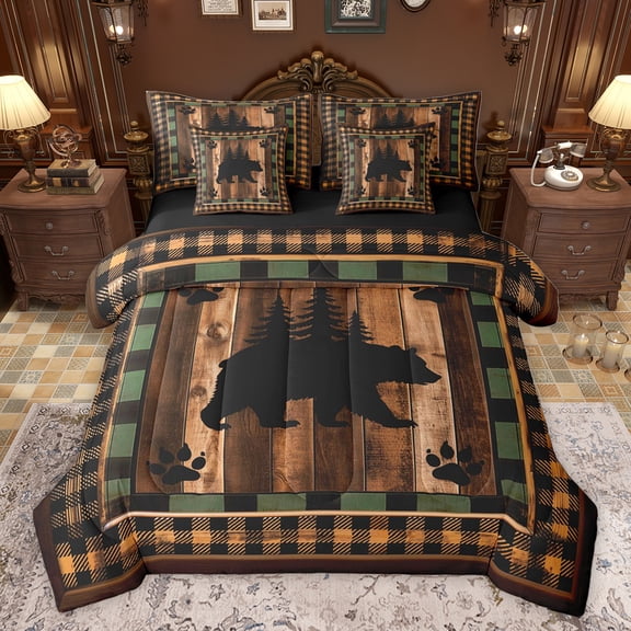Homewish Farmhouse Bear Animal Bedding Comforter Set 7pcs for Men, Black Brown Buffalo Plaid Queen Bedding Sets, Western Lodge Cabin Reversible Queen Sheet Sets, Super Cozy Room Decor