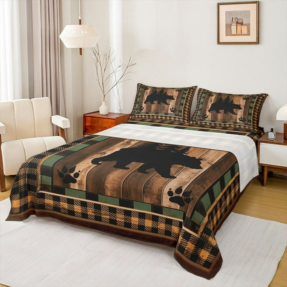 Homewish Farmhouse Bear Animal Twin Sheet Sets for Men, Black Brown Buffalo Plaid Twin Fitted Sheet, Western Lodge Cabin Flat Sheet, Super Cozy Room Decor, 3pcs