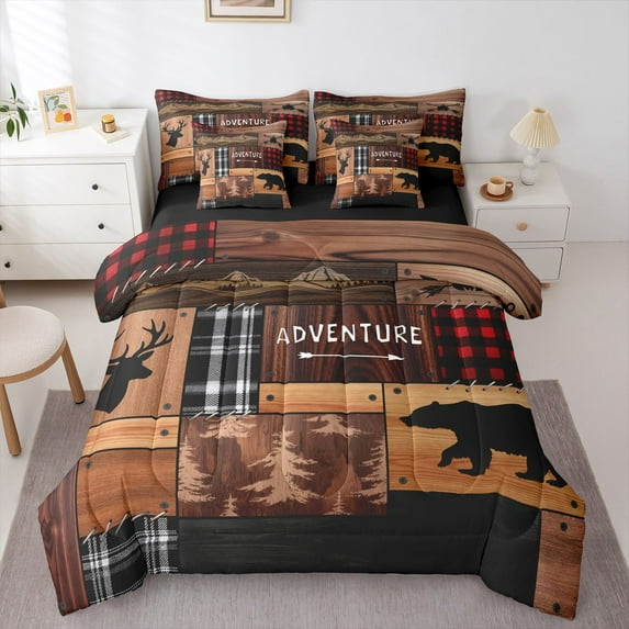 Homewish Farmhouse Bear Deer Wildlife Bedding Comforter Set 7pcs, Rustic Adventure Queen Bedding Sets, Vintage Brown Patchwork Reversible Queen Sheet Sets, Microfiber Bedroom Decor