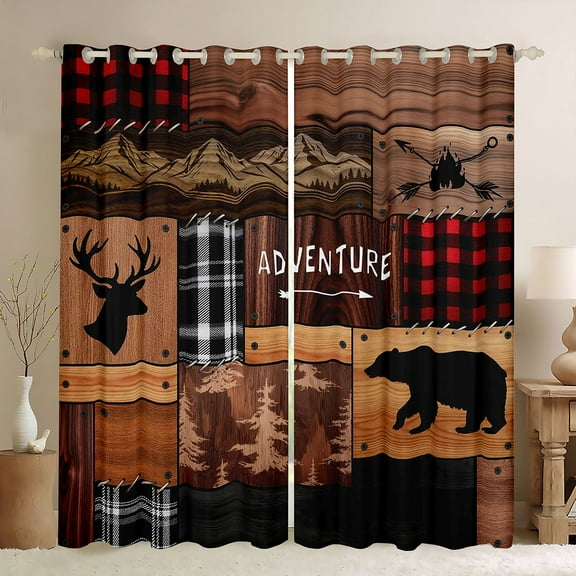 Homewish Farmhouse Bear Deer Wildlife Black Out Curtains, Rustic Adventure Curtains Pack of 2 (42x63 Each), Vintage Brown Patchwork Bedroom Curtains, Living Room Curtains Decor