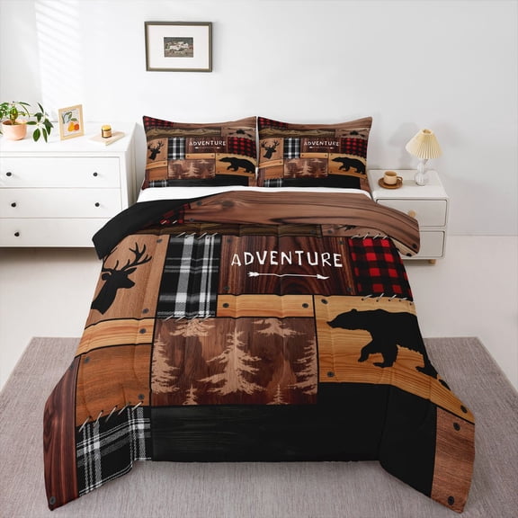 Homewish Farmhouse Bear Deer Wildlife Queen Comforter Set, Rustic Adventure Bedding Sets, Vintage Brown Patchwork Reversible Bedding Comforter Set, Microfiber Bedroom Decor, 3pcs