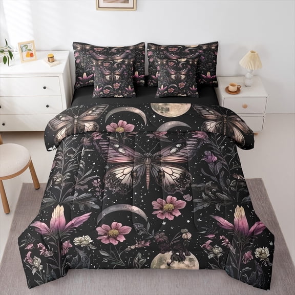 Homewish Farmhouse Butterfly Bedding Comforter Set 7-Piece, Mystic Stars Galaxy King Bedding Sets, Rustic Flower Plant Reversible Bed Sheets, Microfiber Bedroom Decor