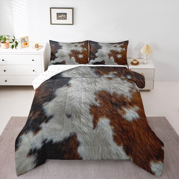 Homewish Farmhouse Cow Print 3 Pieces Queen Comforter Set for Children Teens Adults,Retro Vintage Ultra Soft Bedding Sets,Brown White Bedding Comforter Set Breathable,Luxury Bedroom Decor,Reversible