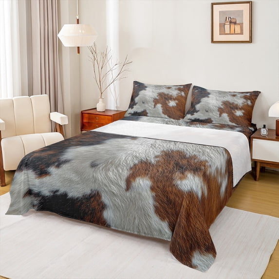 Homewish Farmhouse Cow Print 4pcs Bed Sheets for Children Teens Adults,Retro Vintage King Sheets,Brown White Super Cozy Sheet Set,Luxury Bedroom Decor