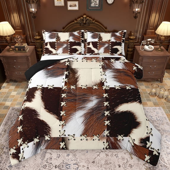 Homewish Farmhouse Cow Print Boy Girl 3 Pieces Queen Comforter Set,Geometric Plaid Grid Ultra Soft Bedding Sets,Animal Print Patchwork Bedding Comforter Set Breathable,Super Cozy Room Decor