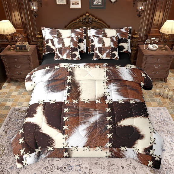 Homewish Farmhouse Cow Print Boy Girl Twin Bedding Sets 7-Piece,Geometric Plaid Grid Bedding Comforter Set Microfiber,Animal Print Patchwork Breathable Sheet Sets,Super Cozy Room Decor