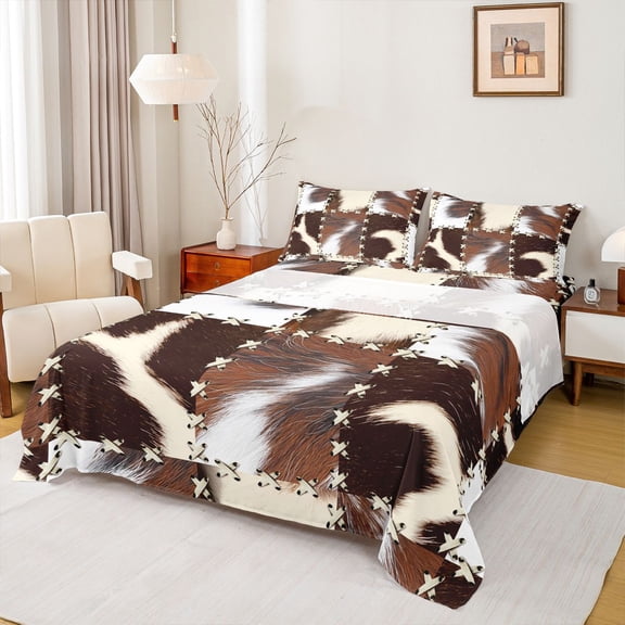 Homewish Farmhouse Cow Print Boy Girl Twin Sheet Sets 3pcs,Geometric Plaid Grid Twin Fitted Sheet Microfiber,Animal Print Patchwork Breathable Flat Sheet,Super Cozy Room Decor