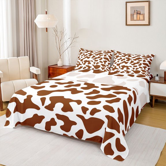 Homewish Farmhouse Cow Print Twin Sheet Sets 3pcs for Teens,Rustic Animal Cattle Twin Fitted Sheet Microfiber,Abstract Geometric Breathable Flat Sheet,Breathable Home Decor