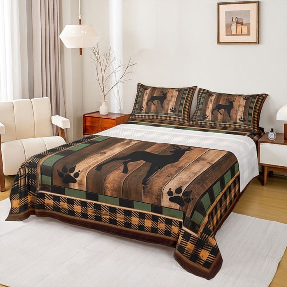 Homewish Farmhouse Deer Animal Bed Sheets for Men, Black Brown Buffalo Plaid King Sheets, Western Lodge Cabin Sheet Set, Microfiber Bedroom Decor, 4pcs