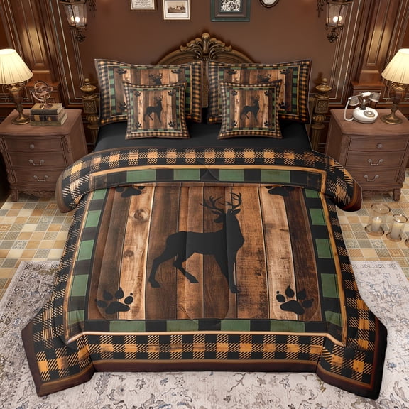 Homewish Farmhouse Deer Animal Bedding Comforter Set 7 Pieces for Men, Black Brown Buffalo Plaid Full Bedding Set, Western Lodge Cabin Reversible Fitted Sheet Flat Sheet, Microfiber Bedroom Decor