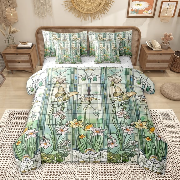 Homewish Farmhouse Flower Floral Bedding Comforter Set 7pcs, Hippie Rustic Butterfly King Bedding Sets, Vintage French Style Reversible Bed Sheets, Breathable Home Decor