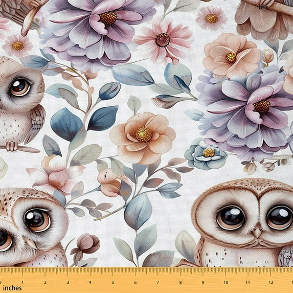 Homewish Farmhouse Flower Floral Fabric by the Yard 1 Yard for Kids, Plum Watercolor Artwork Room Decor Fabric by the Yard, Kawaii Owl Animal Sewing Fabric, Breathable Home Decor