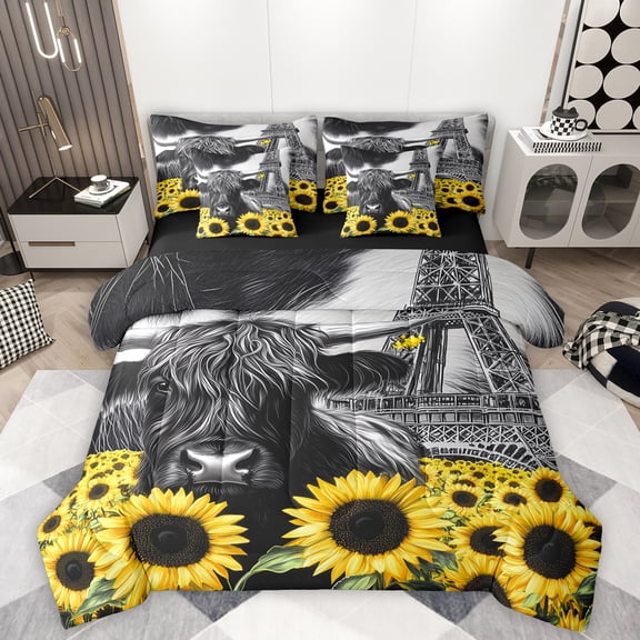 Homewish Farm Highland Cattle 7-Piece Twin Bedding Set,Sunflower Eiffel Tower,Ultra Soft Reversible Decor For Kids
