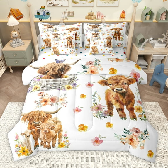 Homewish Farmhouse Highland Cow 7pcs Bedding Comforter Set,Multicolor Country Floral Queen Bedding Sets,White Brown Queen Sheet Sets For Girls,Breathable Home Decor Reversible