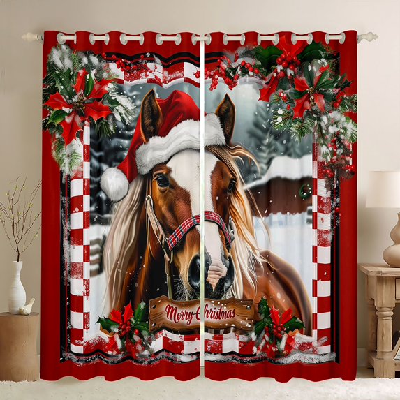 Homewish Farmhouse Horse Black Out Curtains for Female Men Teens,Geometric Plaid Curtains Pack of 2 (42x63 Each),Merry Christmas Bedroom Curtains,Super Cozy Room Decor