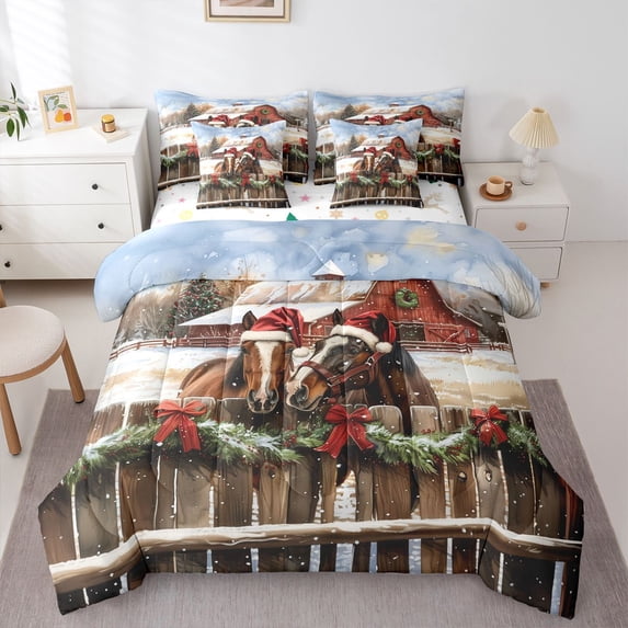 Homewish Farmhouse Horse 7-Piece Twin Bedding Set - Lodge Cabin Xmas Festival