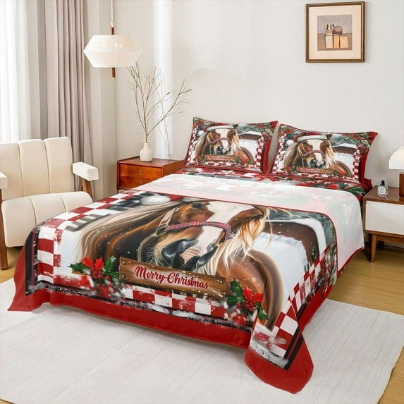 Homewish Farmhouse Horse Twin Sheet Sets 3pcs for Female Men Teens,Geometric Plaid Twin Fitted Sheet Microfiber,Merry Christmas Breathable Flat Sheet,Super Cozy Room Decor