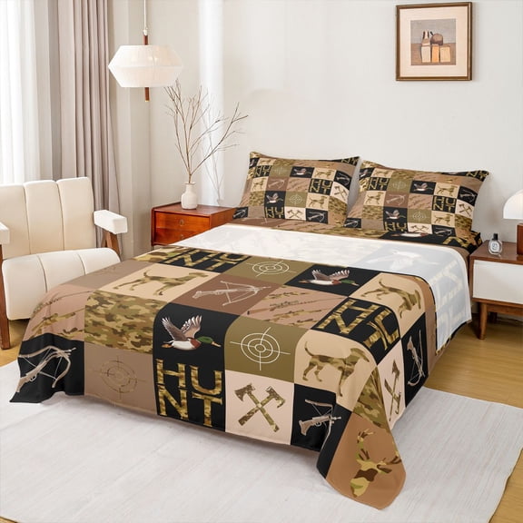 Homewish Farmhouse Hunting Teens Queen Sheet Sets, Brown Patchwork Buffalo Flat Sheet, Southwestern Queen Fitted Sheet, Super Cozy Room Decor, 4 Pieces