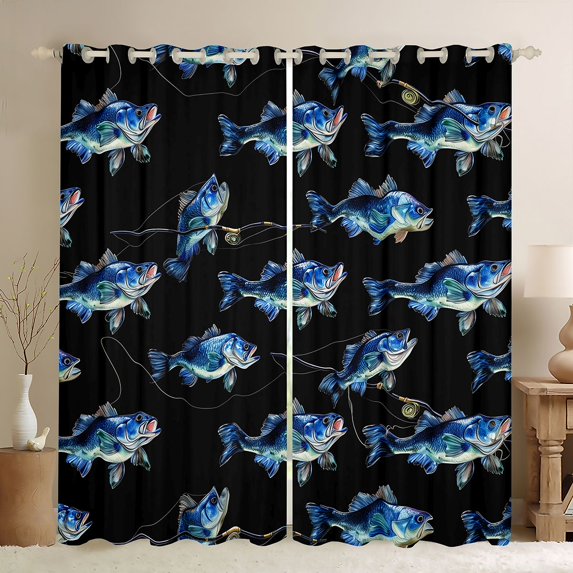 Homewish Farmhouse Pike Fish Curtains Pack of 2 (42x84 Each), Western Rustic Fishing Curtains Blackout, Black Blue Cartoon Bedroom Curtains, Window Curtains Home Decor