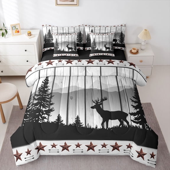 Homewish Farmhouse Reindeer Elk Bedding Comforter Set 7-Piece, Wooden Plank Cabin King Bedding Sets, Black Grey Reversible Bed Sheets, Microfiber Bedroom Decor