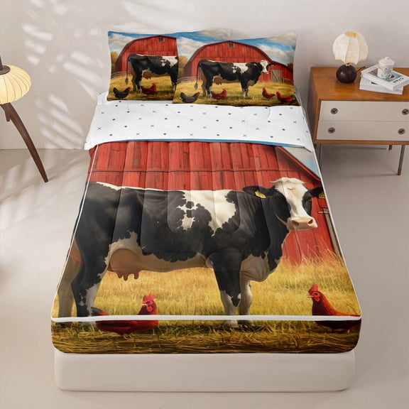 Homewish Farmhouse Rooster Cow Zipper Twin Comforter Sets with Fitted Sheet and 2 Pillowcases, Red Farmhouse Zipper Bedding Set, Reversible, 4pcs