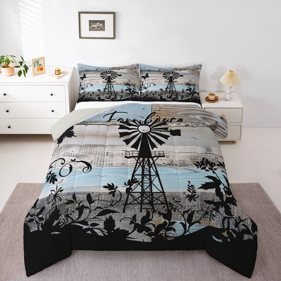 Homewish Farmhouse Wooden Plank Bedding Comforter Set, Bohemian Flower Plant Twin Comforter Sets, Teen Kid Adult Men Reversible Bedding Set, Ultra Soft Bedroom Decor, 2-Piece