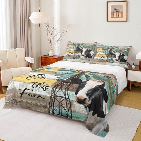 Homewish Farmhouse Wooden Plank Twin Sheet Sets, 3D Highland Cattle Twin Fitted Sheet, Wheat Yellow Cabin Flat Sheet, Breathable Home Decor, 3pcs