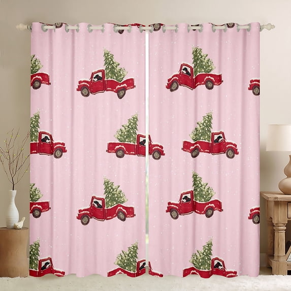Homewish Farmhouse Xmas Truck Black Out Curtains for Girl, Cartoon Christmas Tree Curtains Pack of 2 (42x63 Each), Kawaii Pink Christmas Bedroom Curtains, Curtains and Drapes Bedroom Decor