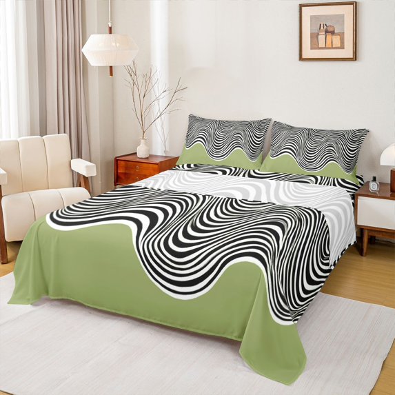 Homewish Fashion Abstract Artwork Bed Sheets, Chic Stripe Waves King Sheets, Teens Adult Men Women Sheet Set, Super Cozy Room Decor, 4-Piece