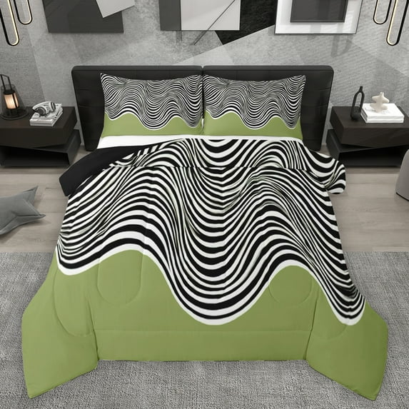 Homewish Fashion Abstract Artwork Full Size Comforter Sets, Chic Stripe Waves Bedding Comforter Set, Teens Adult Men Women Reversible Bedding Sets, Super Cozy Room Decor, 3-Piece