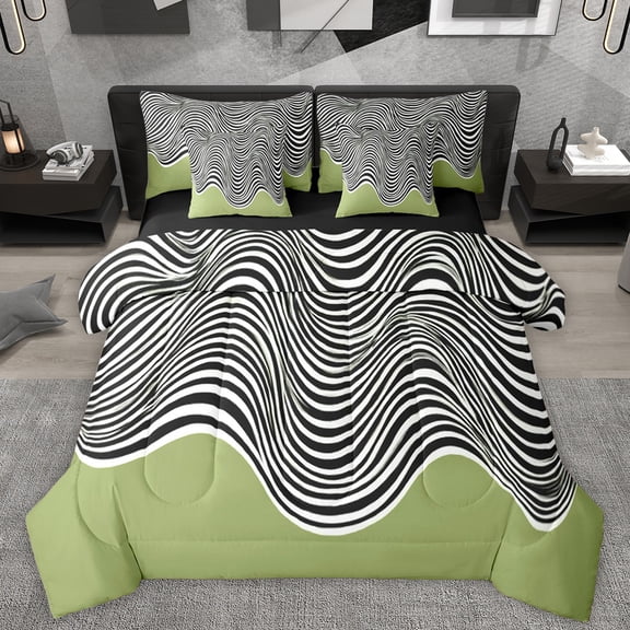 Homewish Fashion Abstract Artwork Twin Bedding Sets 7-Piece, Chic Stripe Waves Bedding Comforter Set, Teens Adult Men Women Reversible Sheet Sets, Super Cozy Room Decor