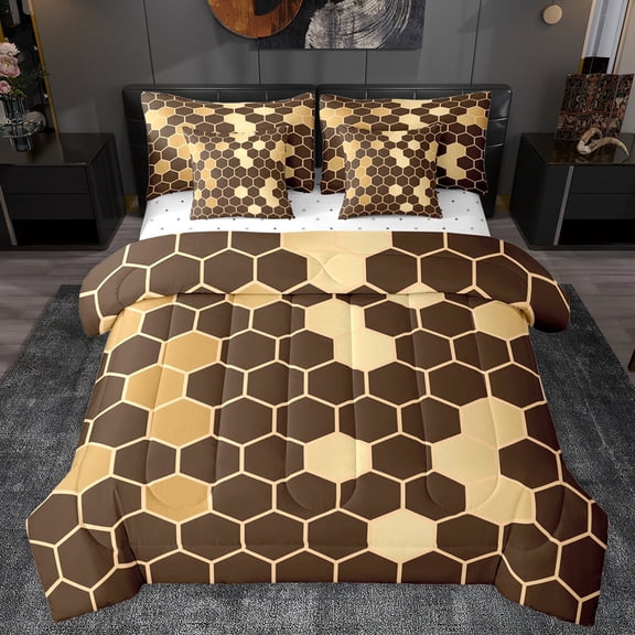 Homewish Fashion Abstract Bedding Comforter Set 7pcs for Teen, Modern Honeycomb King Bedding Sets, Brown Gold Checkered Reversible Bed Sheets, Breathable Home Decor