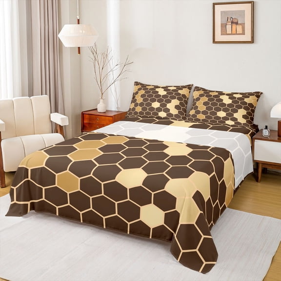 Homewish Fashion Abstract Full Size Sheets for Teen, Modern Honeycomb Bed Sheets, Brown Gold Checkered Sheet Sets, Breathable Home Decor, 4pcs