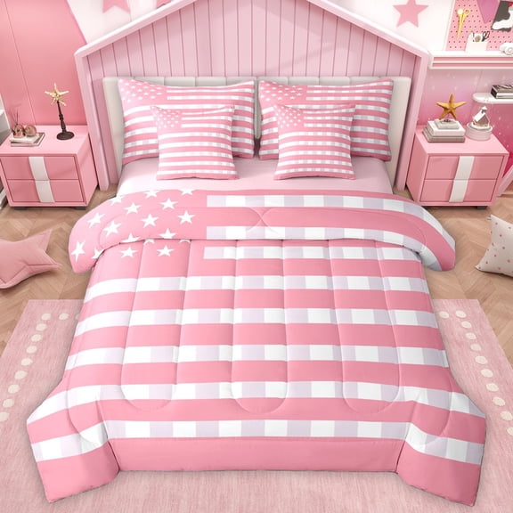 Homewish Fashion American Flag Bedding Comforter Set 7 Pieces, Girly Pink Stripes Full Bedding Set, Modern Abstract Ombre Reversible Fitted Sheet Flat Sheet, Luxury Bedroom Decor