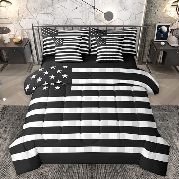 Homewish Fashion American Flag Bedding Comforter Set, Black Grey Stripes King Bedding Sets, Modern Abstract Ombre Reversible Bed Sheets, Luxury Bedroom Decor