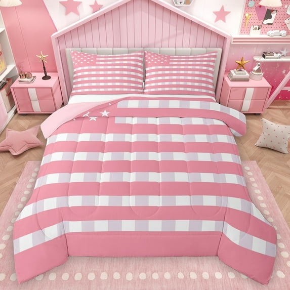Homewish Fashion American Flag Bedding Comforter Set, Girly Pink Stripes Twin Comforter Sets, Modern Abstract Ombre Reversible Bedding Set, Luxury Bedroom Decor, 2pcs