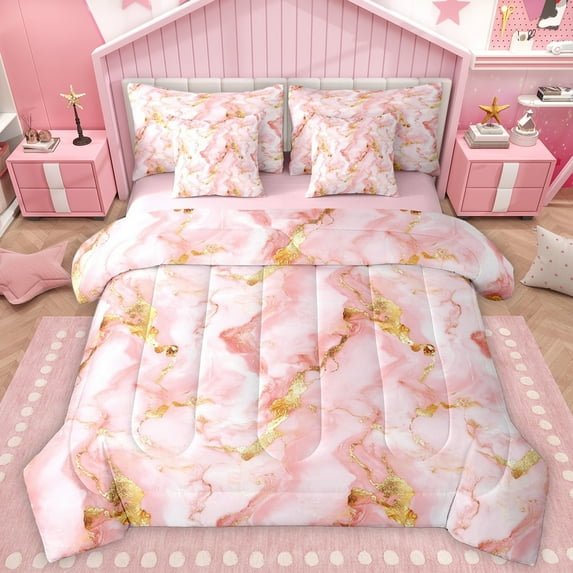 Homewish Fashion Art Abstract Bedding Comforter Set 7 Pieces for Adult, Dreamy Pink Mabrle Full Bedding Set, Watercolor Reversible Fitted Sheet Flat Sheet, Microfiber Bedroom Decor