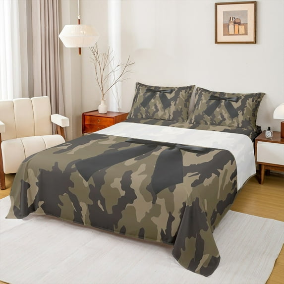 Homewish Fashion Black Bowknot Queen Sheet Sets, Western Retro Camouflage Flat Sheet, Cartoon Bow-tie Queen Fitted Sheet, Microfiber Bedroom Decor, 4-Piece