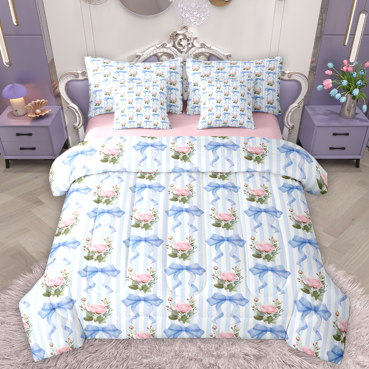 Reversible Sheets Homewish Fashion Blue Ribbon Bedding Comforter Set 7pcs, Romantic Pink ...