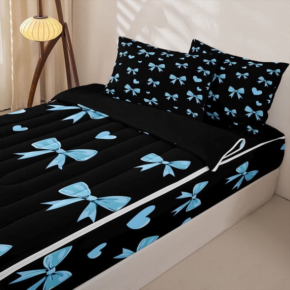 Homewish Fashion Bow Heart Zipper Twin Comforter Sets with Fitted Sheet and 2 Pillowcases for Girls, Blue Bow Zipper Bedding Set for Kids Teens, Black Reversible, 4 Pieces